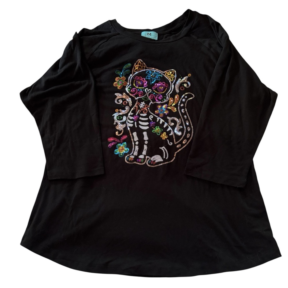 South Main Day Of The Dead Sequin Cat Raglan Three Quarter Tee Black Sz XL SOFT